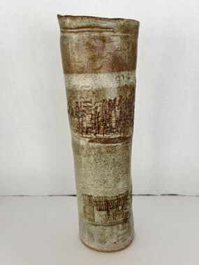 Thomas Reece Signed Art Pottery Stoneware Vase 12 1/2" Tall Earth Tones, Rustic